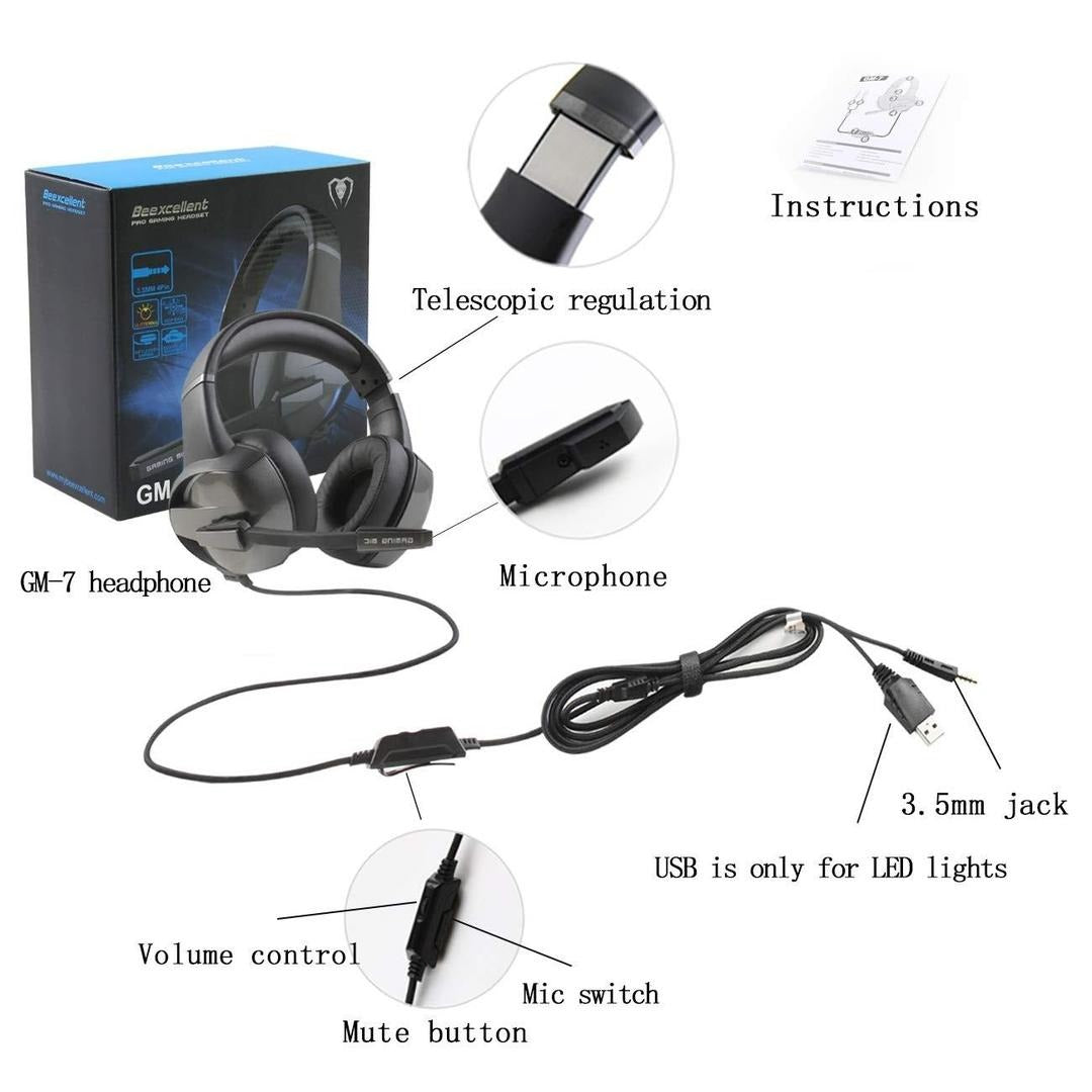 BEEXCELLENT GM-7 RGB Gaming Headset 7.1 Surround Sound | Noise Cancelling Mic | LED Lights